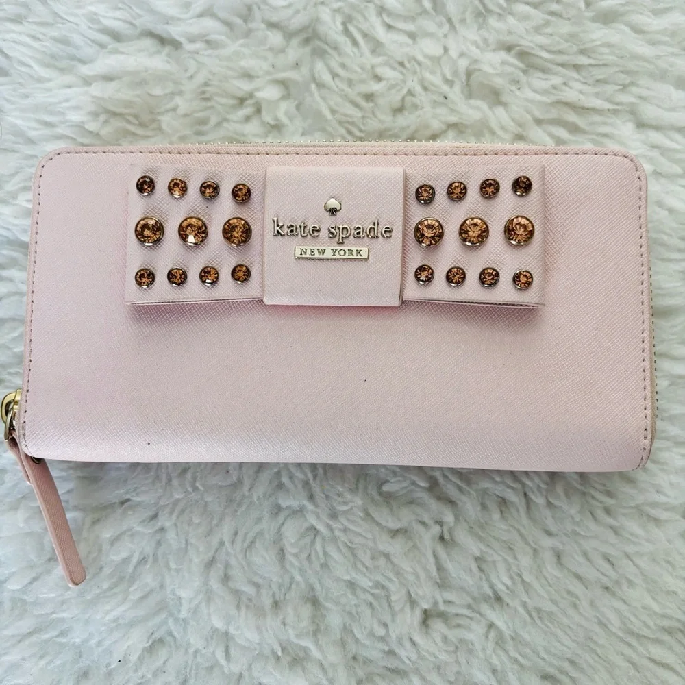 Kate Spade Pink Leather w/ Bow w/ Rhinestone zip around Long Wallet